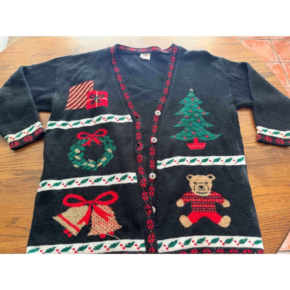 Vintage Christmas Cardigan Sweater Black Teddy Bear Tree Wreath Large XL